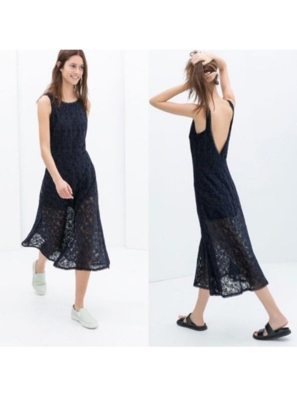 Zara Lace Midi Sheer Skirt Interior Romper Dress Backless Playsuit